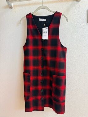 Mango Red and Black Plaid Button-Front Dress